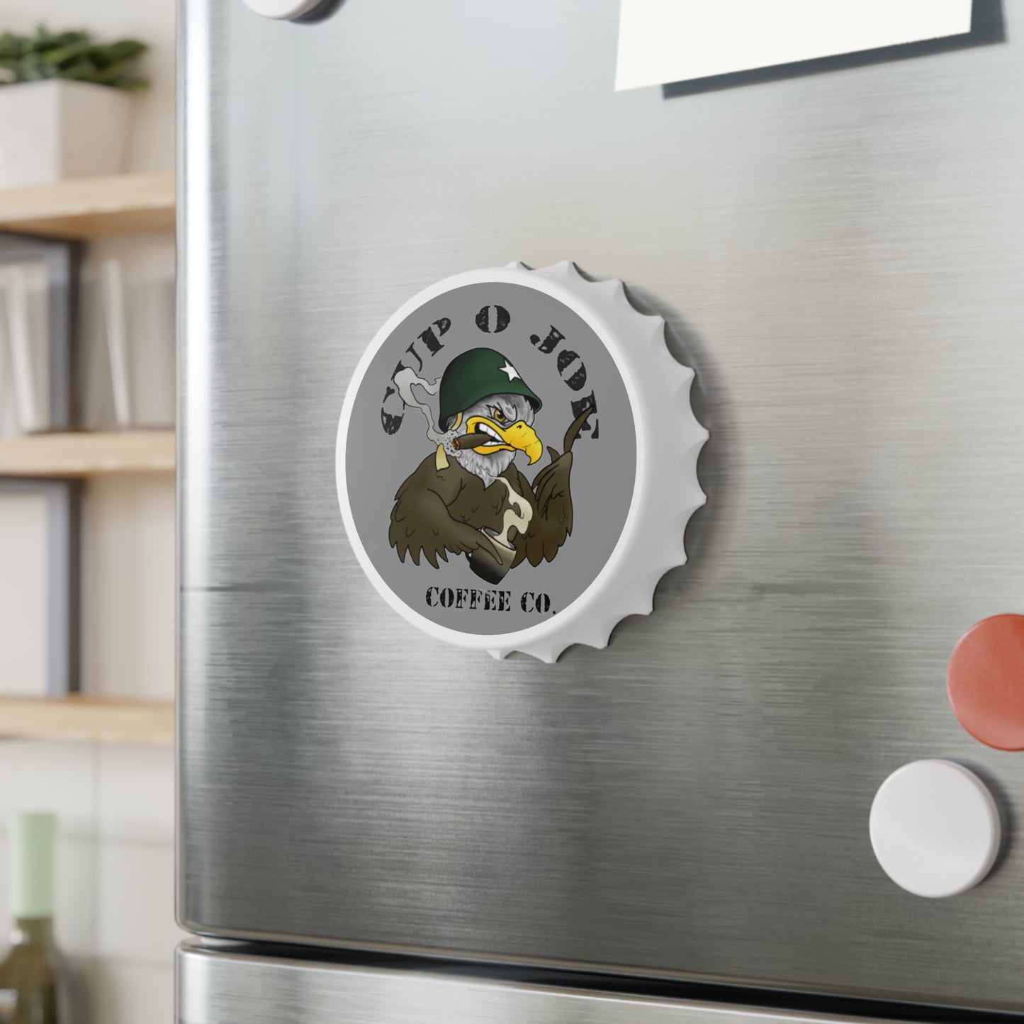 Cup O Joe Coffee Co. Bottle Opener on a Fridge