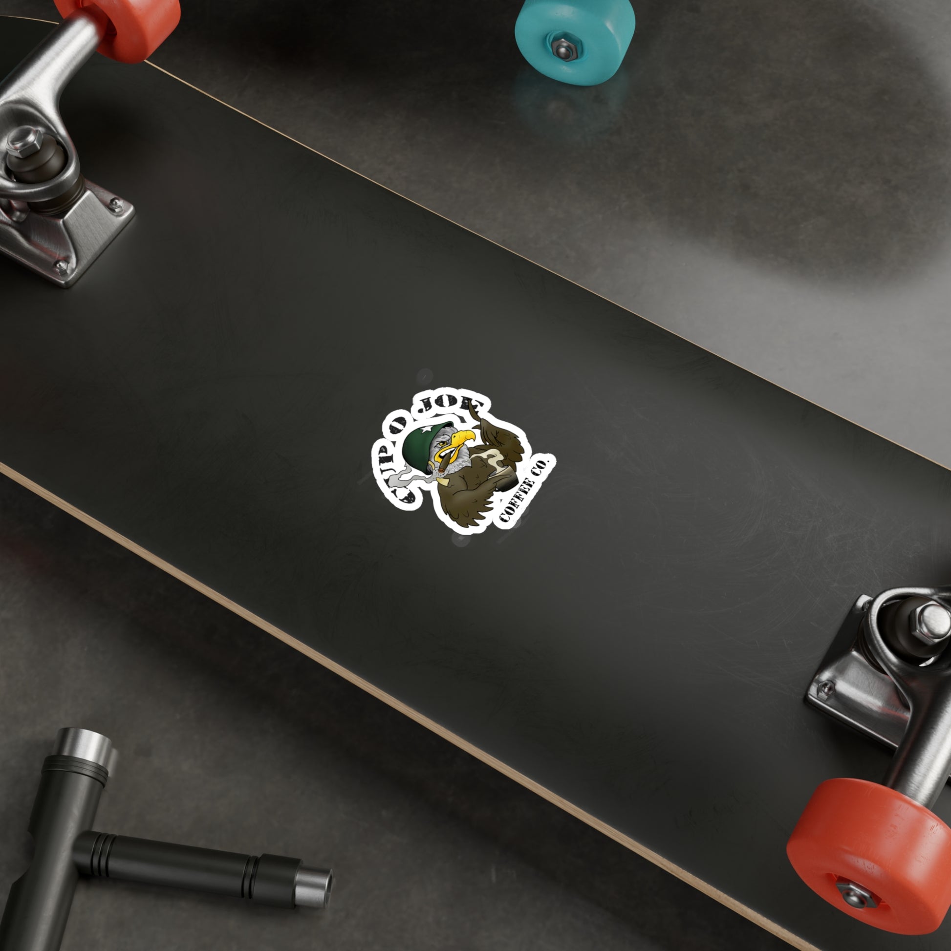 Cup O Joe Coffee Kiss-Cut Vinyl Decals On a Skateboard